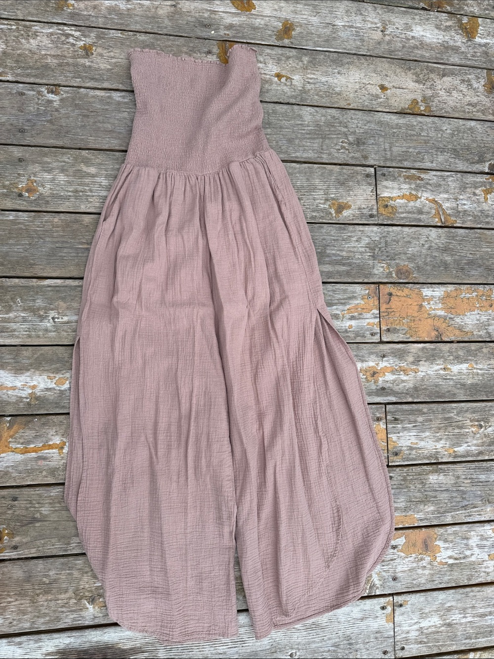 Elan Dusty Mauve Strapless Smocked Bust Jumpsuit